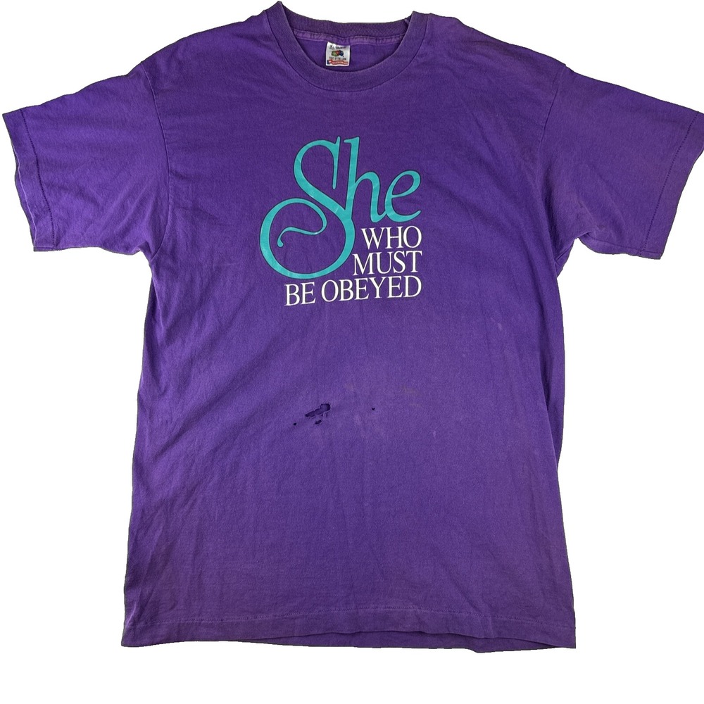 VTG 90s She Who Must Be Obeyed T Shirt Purple USA Made‎ Single Stitch XL Novelty